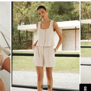 Beige linen blend Button-Up vest and Shorts Set